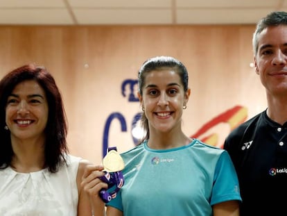 Carolina Marín tras el homenaje del Consejo Superior de Deportes por conquistar su tercer mundial. 