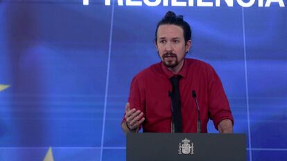 Pablo Iglesias durante la presentación del 'Plan de Recuperación, Transformación y Resiliencia de la Economía Española', en la Moncloa.