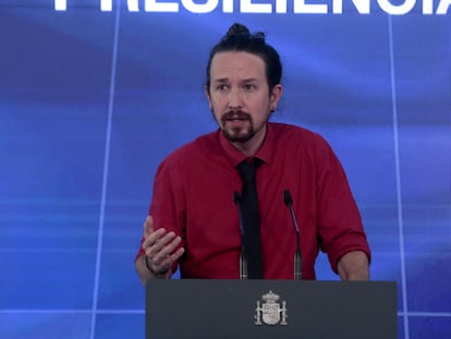 Pablo Iglesias durante la presentación del 'Plan de Recuperación, Transformación y Resiliencia de la Economía Española', en la Moncloa.