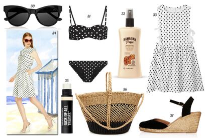 30. The Row Gafas de sol con montura de pasta. 31. Dolce & Gabbana Biquini. 32. Hawaiian Tropic Loción solar SPF 20. 33. Kling Vestido de vuelo con lazos en los laterales del top. 34. Dolores Promesas. 35. bareMinerals Lip balm 'Jack of All Trades-Clearly the One'. 36. Oysho Capazo de rafia bicolor. 37. Topshop Cuña de esparto.