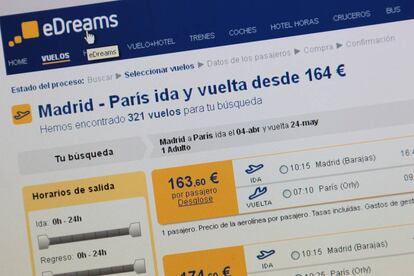 Página web del portal de viajes eDreams.