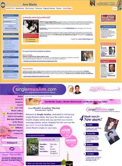 Páginas web <i>Solteros del Ave María</i> (arriba) y <i>Singlemuslim</i> (abajo).