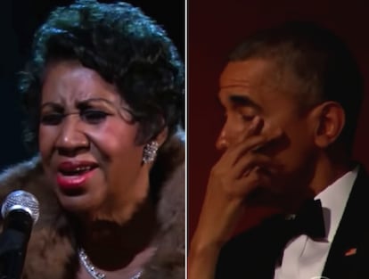 Barack Obama se emocionó con la actuación de Aretha Franklin en el Kennedy Center Honors (Washington D. C.), en 2015.