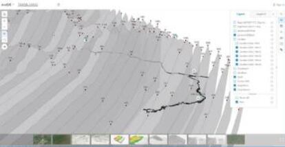 Visualización que muestra secciones de corte en la montaña, sus respectivas elevaciones y la cueva (dibujada en negro) bajo la superficie.