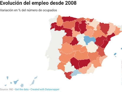 Las cinco provincias que han recuperado todo el empleo perdido y la que no tiene casi paro