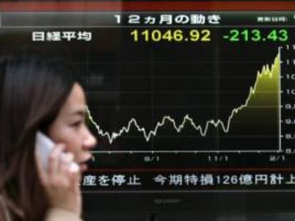 Una mujer camina junto a una pantalla que muestra datos de la Bolsa de Tokio. EFE/Archivo