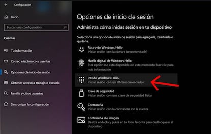 Opciones de inicio de sesión en Windows 10.