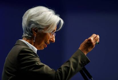 La presidenta del BCE, Christine Lagarde, durante su discurso en Fráncfort, el viernes.