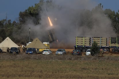 Rockets fired from Gaza are neutralized in the air by Israel's 'Iron Dome' air defense system on the fourth day of the clashes in the city of Ashkelon, Israel on October 10, 2023. 
