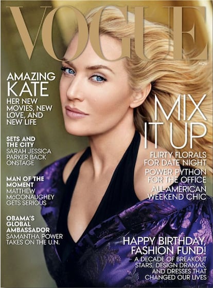 Kate Winslet protagonizó el número de octubre de 2013 de la revista 'Vogue USA', pero el éxito de la portada no fue el esperado. La actriz recibió grandes críticas porque la fotografía había sido modificada y parecía 10 años más joven. Ella se había mostrado contraria a los retoques en varias ocasiones.