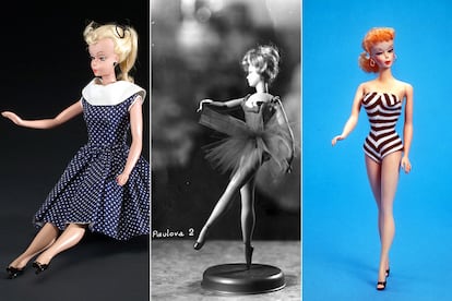 De izquierda a derecha,  muñeca alemana Bild Lilli de 1955; muñeca Paulova de Famosa y el primer modelo de Barbie, de 1959.