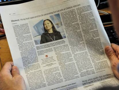 Página del diario 'The Globe and Mail' de Montreal (Canadá), que incluye un reportaje sobre el arresto de Meng Wanzhou, vicepresidenta de Huawei.
