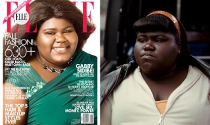 La actriz Gabby Sidibe, en la portada de la revista ELLE, y en un fotograma de la película <i>Precious</i>.