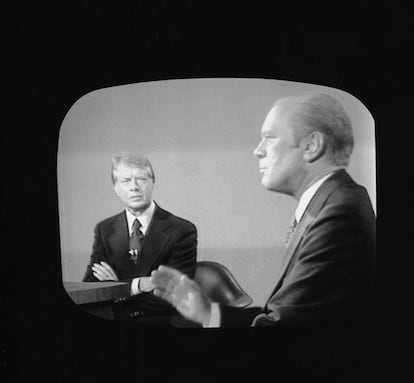 Jimmy Carter durante el segundo debate presidencial con Gerald Ford, en San Francisco, California, el 6 de octubre de 1976. 