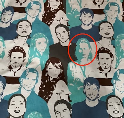 Fragment of the fabric at the origin of this story. In the red circle, the image of the mysterious "Celebrity No. 6", who is now known to be the Tenerife native Leticia Sardá.