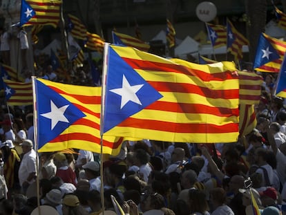 Banderas &quot;esteladas&quot; durante la celebraci&oacute;n de la Diada de Catalunya en las calles de Barcelona.