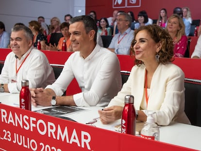 De izquierda a derecha, Pilar Alegría, Santos Cerdán, Pedro Sánchez y María Jesús Montero, este sábado, en el Comité Federal del PSOE.