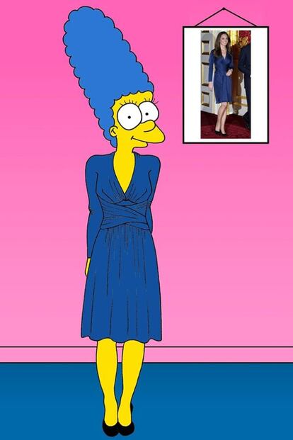 Marge Simpson, con el famoso traje de Issa que llevó la duquesa de Cambridge en el día de su compromiso con el príncipe Guillermo.