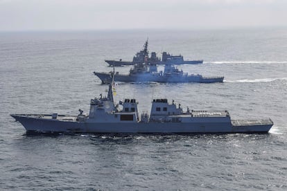 South Korean Navy's destroyer Yulgok Yi I, the U.S. Navy's destroyer USS Benfold and Japan Maritime Self-Defense Force's destroyer Atago take part in joint naval missile defense exercises on April 17, 2023.