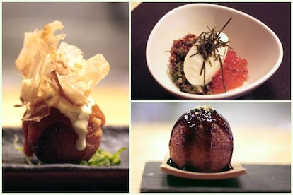 En el restaurante Nakeima se puede degustar ningyoyaki de oreja con salsa brava (izquierda), chirasi de verano (derecha superior) y buñuelo relleno de foie homenaje al restaurante Disfrutar.