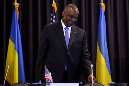 Secretary of Defense Lloyd Austin attends a meeting of the Ukraine Defense Contact Group at the American military's Ramstein Air Base, near Ramstein-Miesenbach, Germany, March 19, 2024.