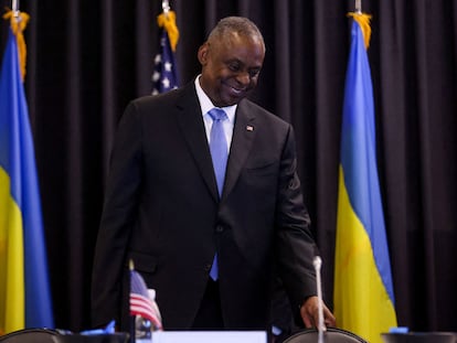 Secretary of Defense Lloyd Austin attends a meeting of the Ukraine Defense Contact Group at the American military's Ramstein Air Base, near Ramstein-Miesenbach, Germany, March 19, 2024.