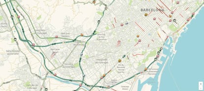 El tráfico en Barcelona, visto desde un mapa de Waze.