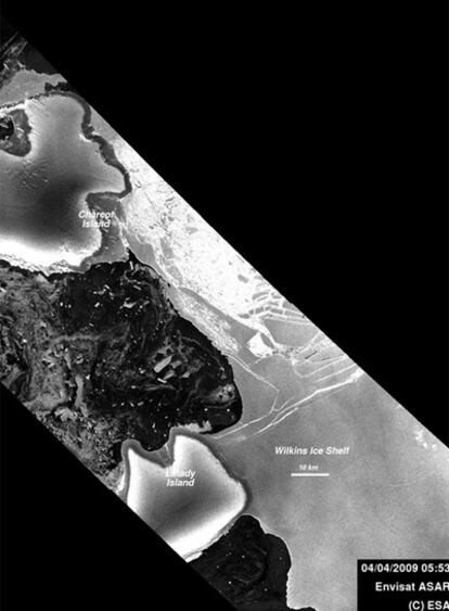 Imagen de la placa Wilkins tomada este sábado por el radar de satélite Envisat.