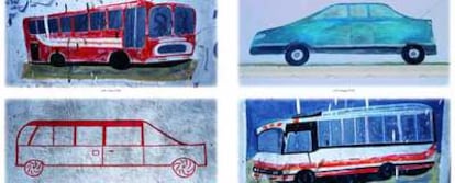 Imagen de la exposición Tutti Fruti en la que aparecen dibujos de varios vehículos.