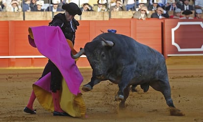 Escribano, con su segundo toro, que fue indultado, en la corrida de hoy en la Maestranza.