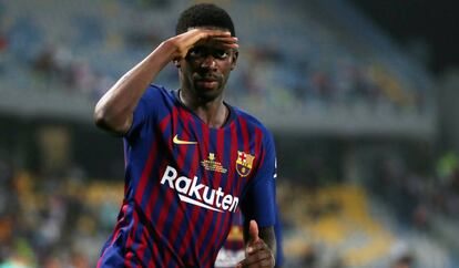 Ousmane Dembélé, jugador del FC Barcelona, celebra el gol marcado en el partido contra el Valladolid.
