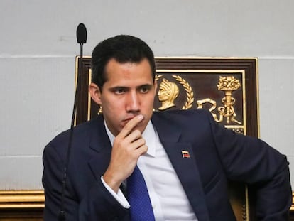 O presidente interino da Venezuela, Juan Guaidó, nesta terça-feira na Assembleia.