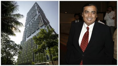 Mukesh Ambani (59 años, Yemen), junto a una imagen de la torre Antilia, la casa más cara del mundo según 'Forbes'.