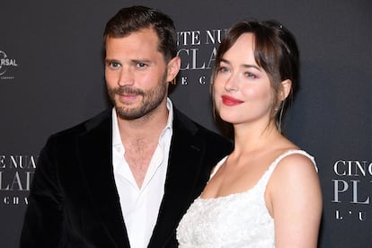 Dakota Johnson and Jamie Dornan at the premiere of 'Fifty Shades of Grey' in Paris.