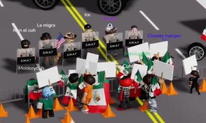 Protestas contra redadas migrantes del ICE, en el videojuego Roblox.