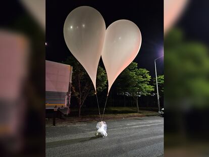 Unos globos cargados con bolsas de basura caídos sobre Corea del Sur, este miércoles.