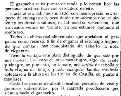 Artículo sobre el gazpacho en 'Madrid Cómico', 10 de julio de 1886.