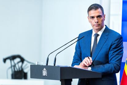 El presidente del Gobierno, Pedro Sánchez, durante la rueda de prensa en La Moncloa, el miércoles.