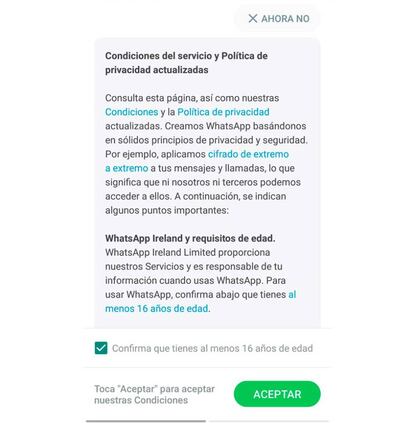 Esta es la pantalla que nos encontraremos al iniciar WhatsApp estos días