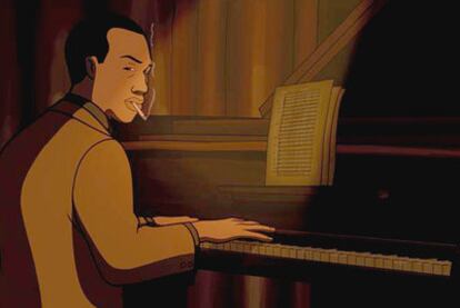 A frame from <i>Chico y Rita,</i> with the pianist Chico.