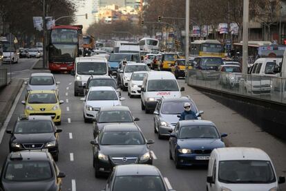 Traffic jams on roads leading into central Barcelona.