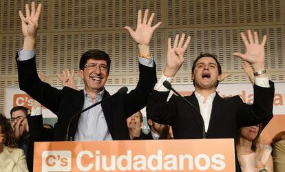 Juan Marín y Albert Rivera, tras las elecciones andaluzas, el 22 de marzo de 2015.