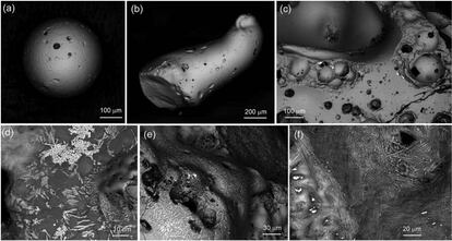 La imagen de microscopio electrónico de barrido muestra las marcas de fundido en la hiroshimaita expuesta a altísimas temperaturas.