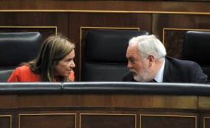 El ministro de Agricultura, Miguel Arias Cañete, conversa con la ministra de Sanidad, Ana Mato, durante una intervención en el pleno del Congreso.