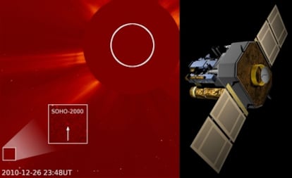 Imagen del Sol tomada con el coronógrafo del observatorio <i>Soho</i> en la que se aprecia (recuadrado abajo, a la izquierda) el nuevo cometa, e ilustración del telescopio, a la derecha.