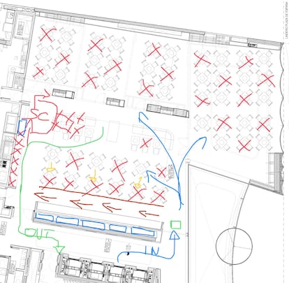 Croquis con un posible rediseño de uno de los restaurantes del hotel VP Plaza de España Design, en Madrid.