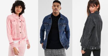 A la izquierda, cazadora rosa desgastada de Desigual; en el centro cazadora de chico de Pull&Bear; y, la derecha, cazadora negra 'oversize' de Missguided