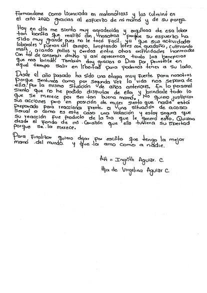 Carta escrita por Ingrith Aguiar, hija de Virgelina.