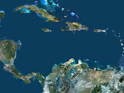 Imagen satelital en color verdadero del Mar Caribe y América Central.