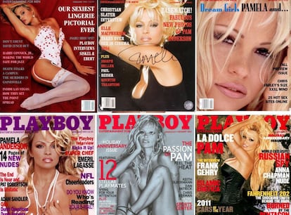 Pamela Anderson ha sido una de las más asiduas en las portadas de la revista. En la imagen, de izquierda a derecha, las de 1991, 1994 y 1997. Abajo, en las portadas de 1999, 2007 y 2011.